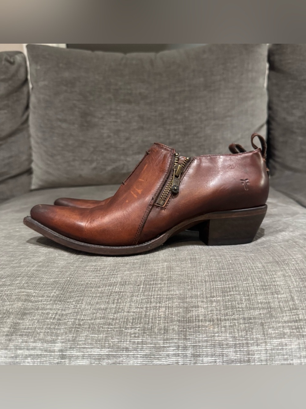 Frye Brown Leather Pointed Toe Side Zip Ankle Boots